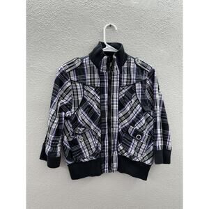 I.Q. Authentic Brand Womens Jacket Large Purple Plaid 3/4 Sleeve Zip Up Y2K